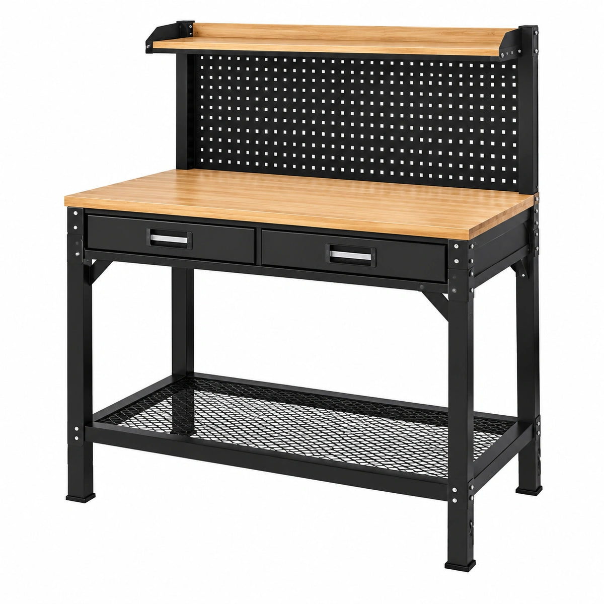 Établi 120 x 60 x 155 cm en bois et acier noir naturel avec panneau perforé et tiroirs style industriel