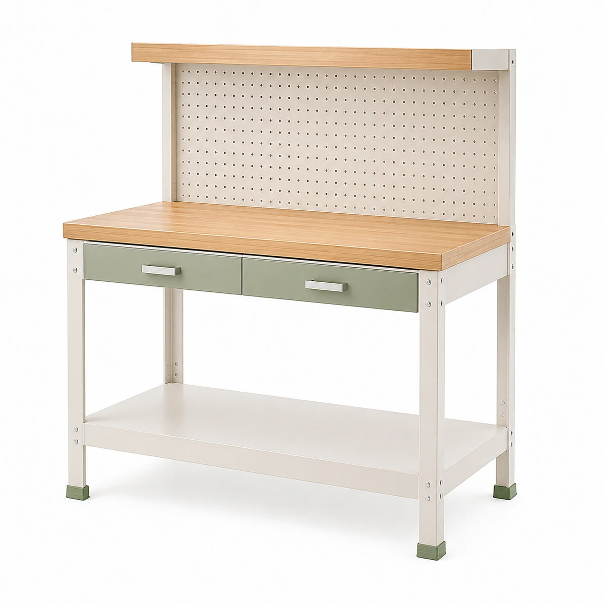 Établi 120 x 60 x 150 cm en métal et bois beige vert avec panneau perforé et tiroirs