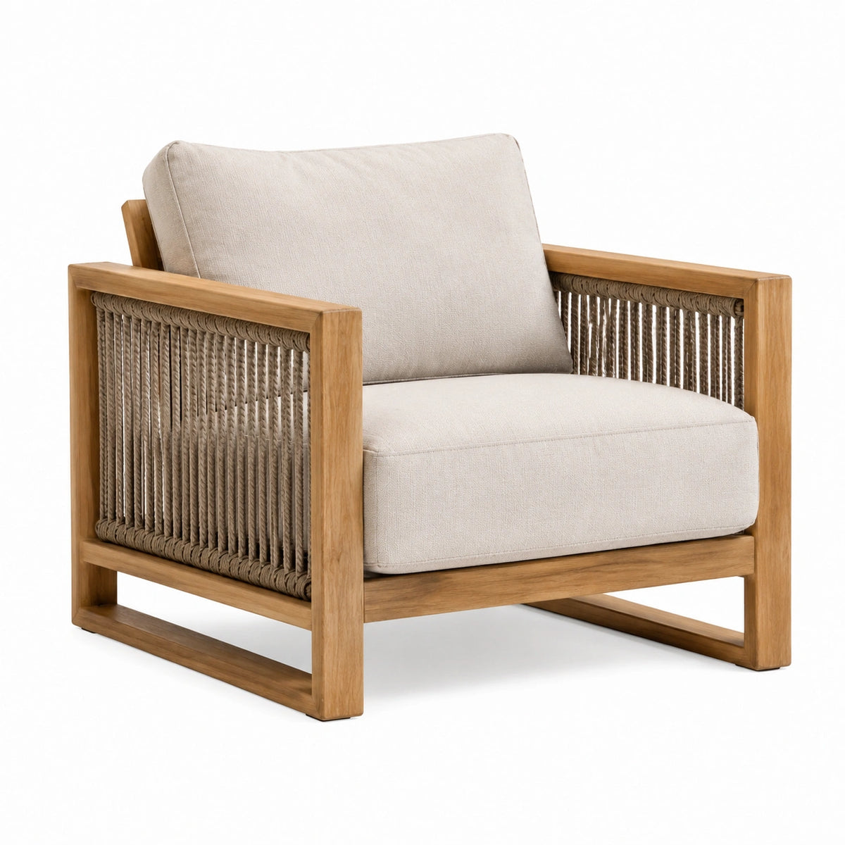Fauteuil de jardin 85 x 80 x 80 cm en bois beige avec cordage tressé style contemporain