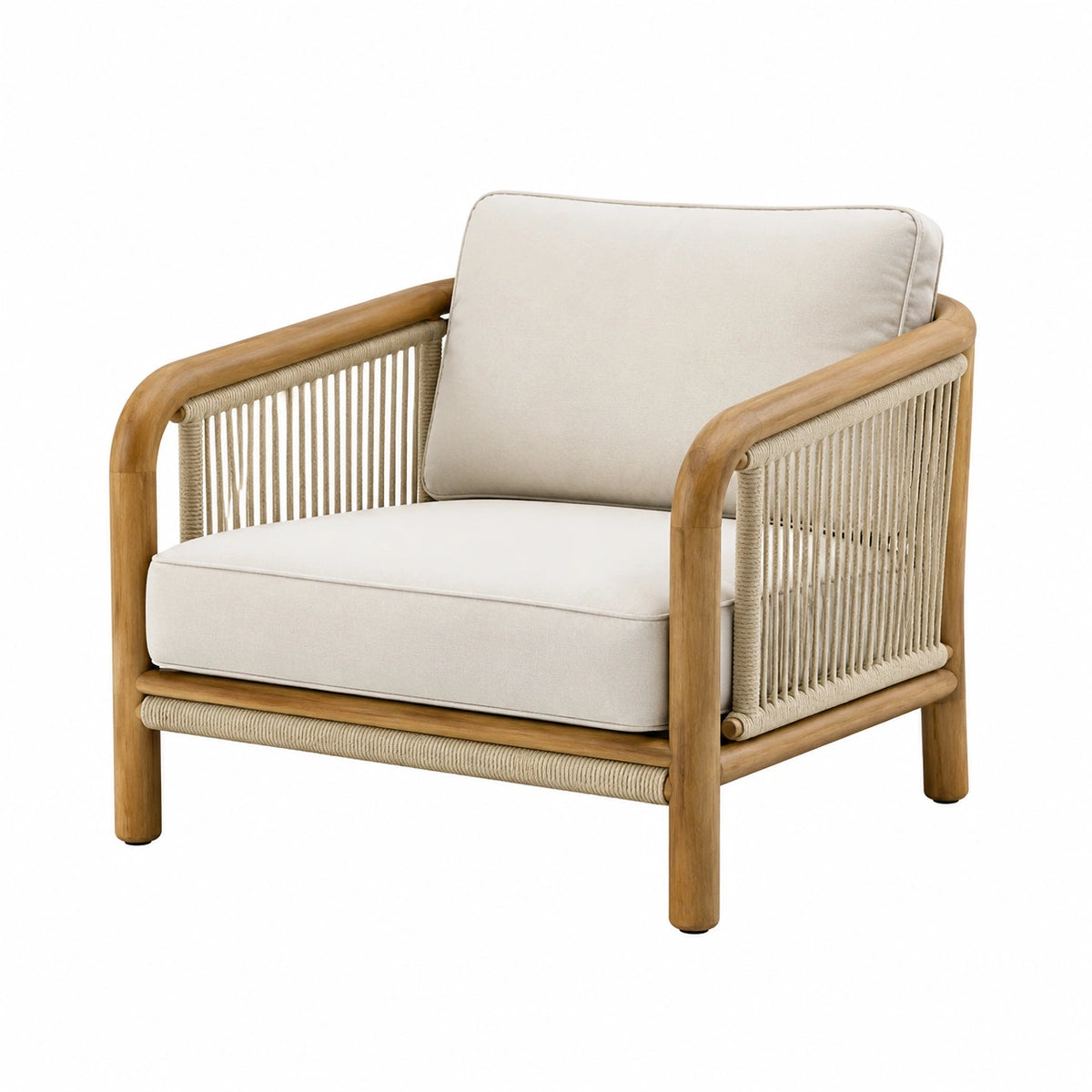 Fauteuil de jardin 76 x 75 x 78 cm en bois naturel et corde beige avec coussins style contemporain