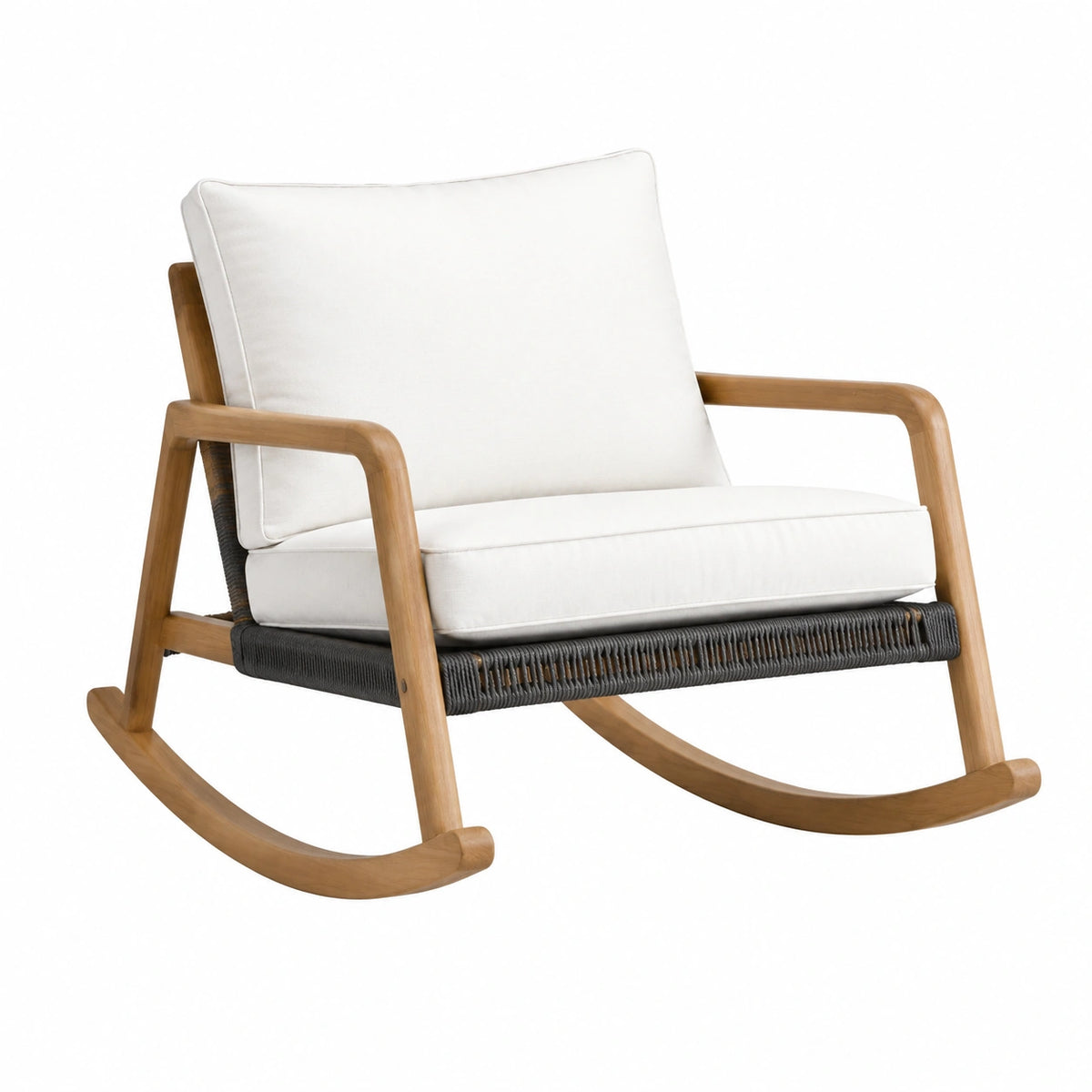 Fauteuil à bascule 70 x 90 x 90 cm en bois naturel blanc et noir avec assise tressée style contemporain