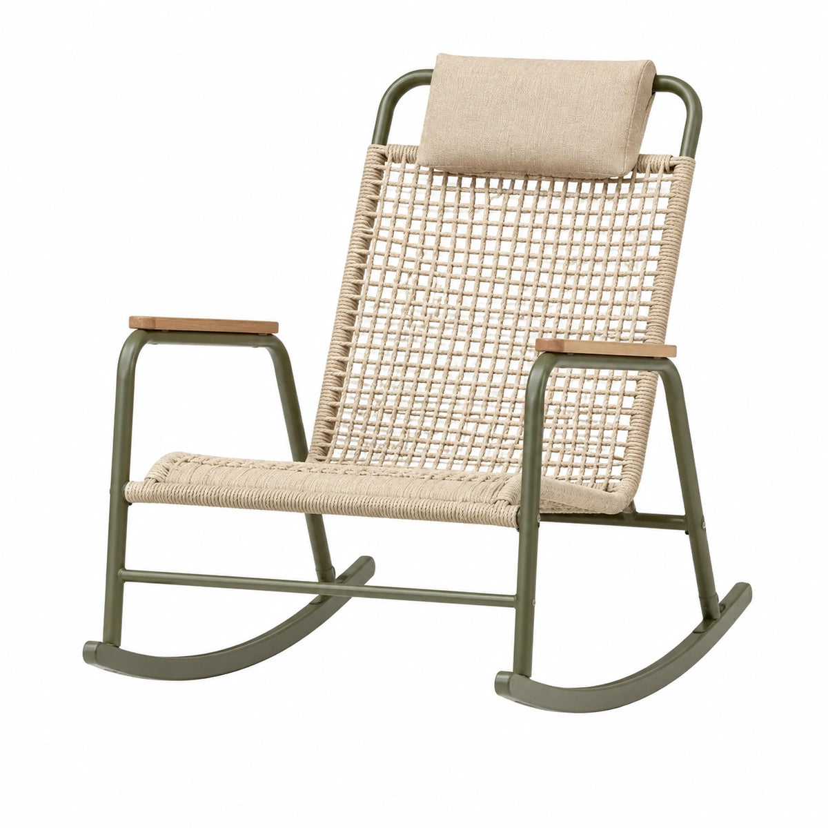 Fauteuil à bascule 70 x 90 x 100 cm en métal vert et corde tressée pour intérieur