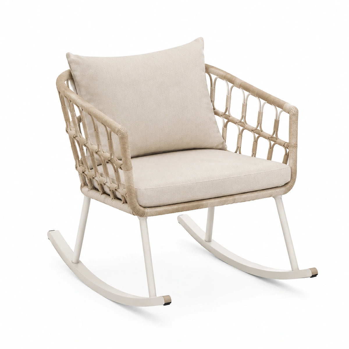 Fauteuil à bascule 78 x 75 x 90 cm en métal et cordage tressé beige blanc style bohème