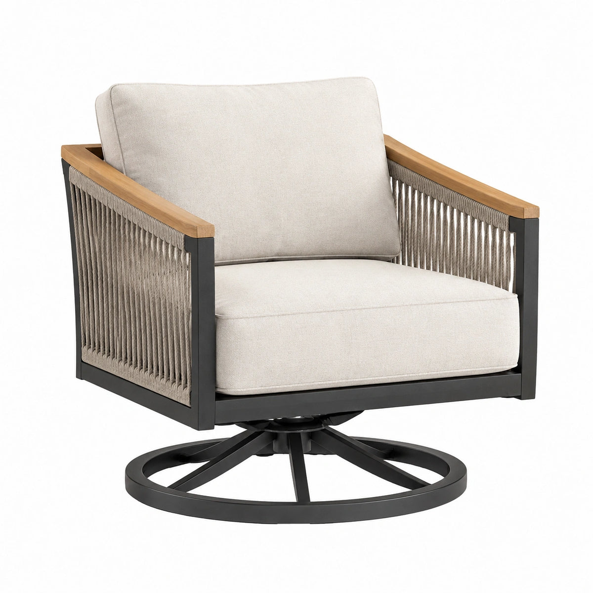 Fauteuil de jardin pivotant 78 x 82 x 87 cm tissu beige corde et métal style contemporain