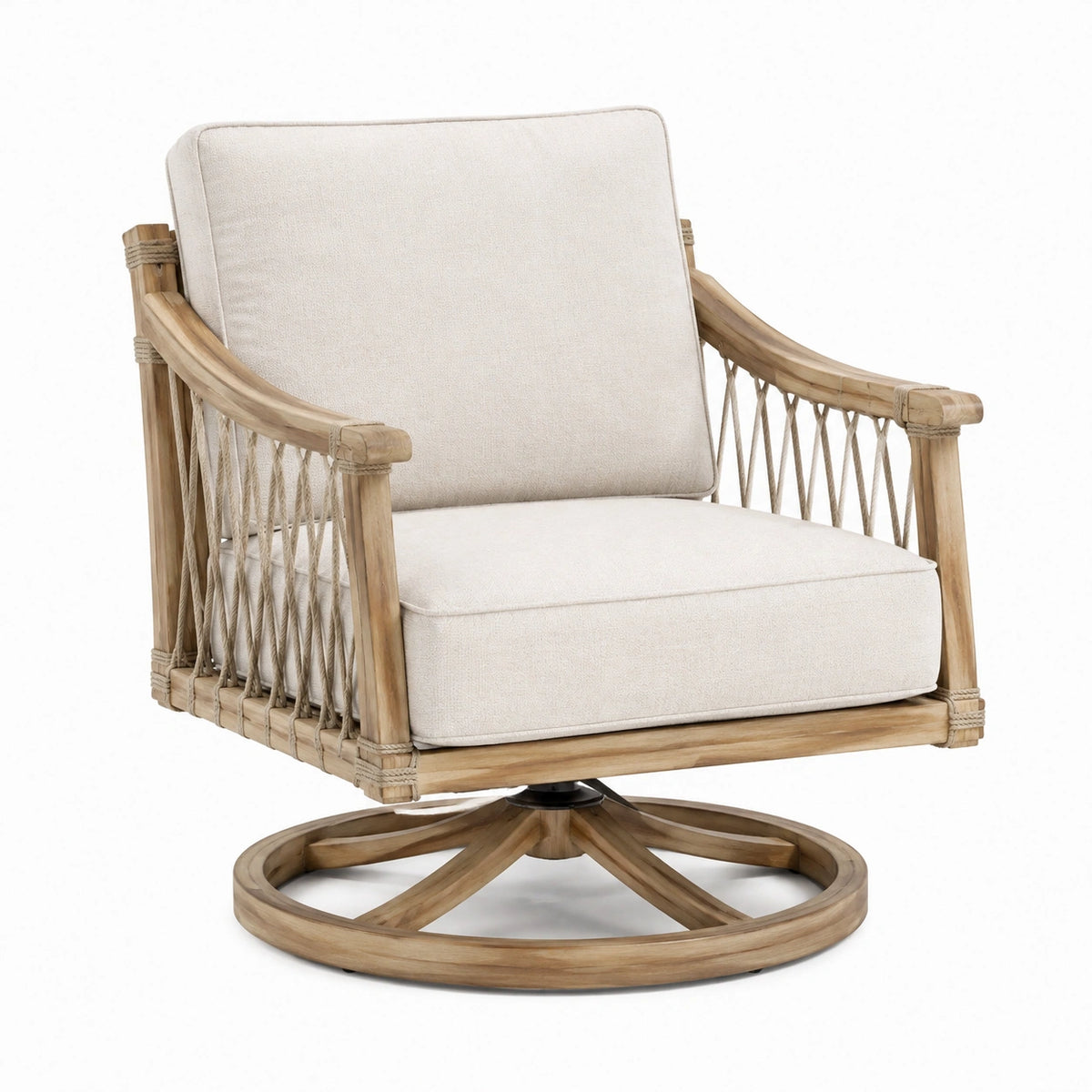 Fauteuil pivotant 78 x 82 x 92 cm en bois naturel et tissu écru style bohème