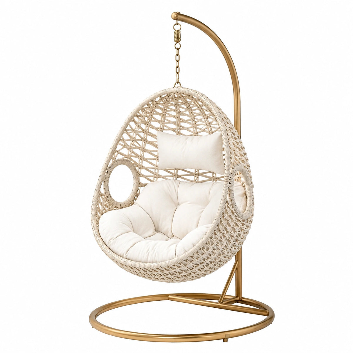 Fauteuil suspendu 105 x 105 x 195 cm en fibres tressées beige avec support métallique doré style bohème