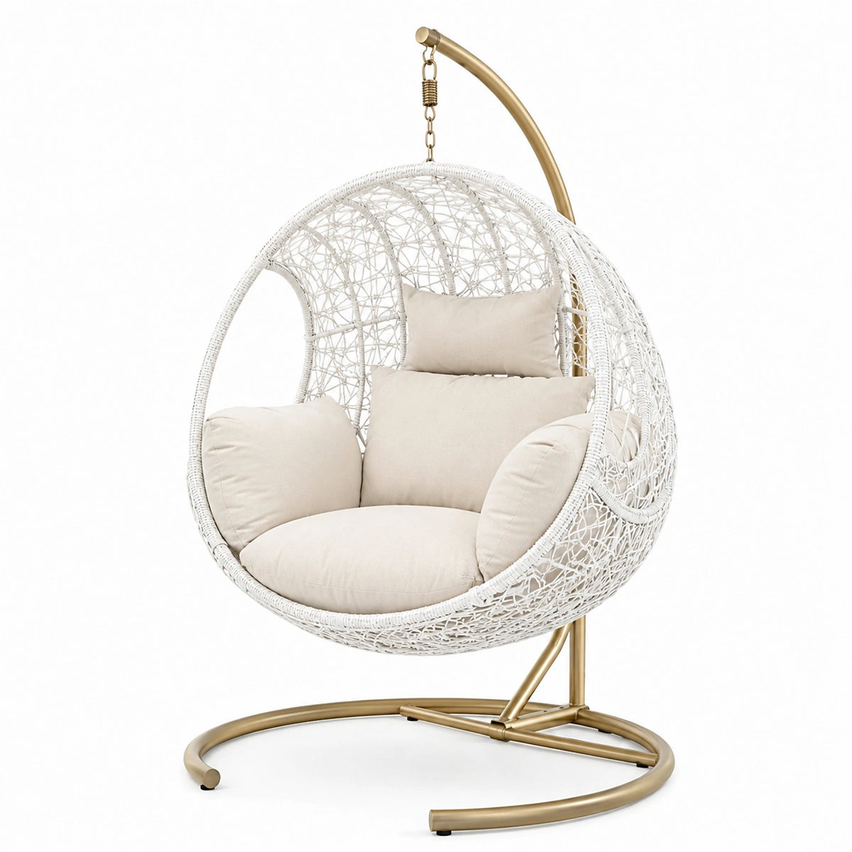 Fauteuil suspendu 105 x 105 x 195 cm en résine tressée blanc et métal doré style bohème