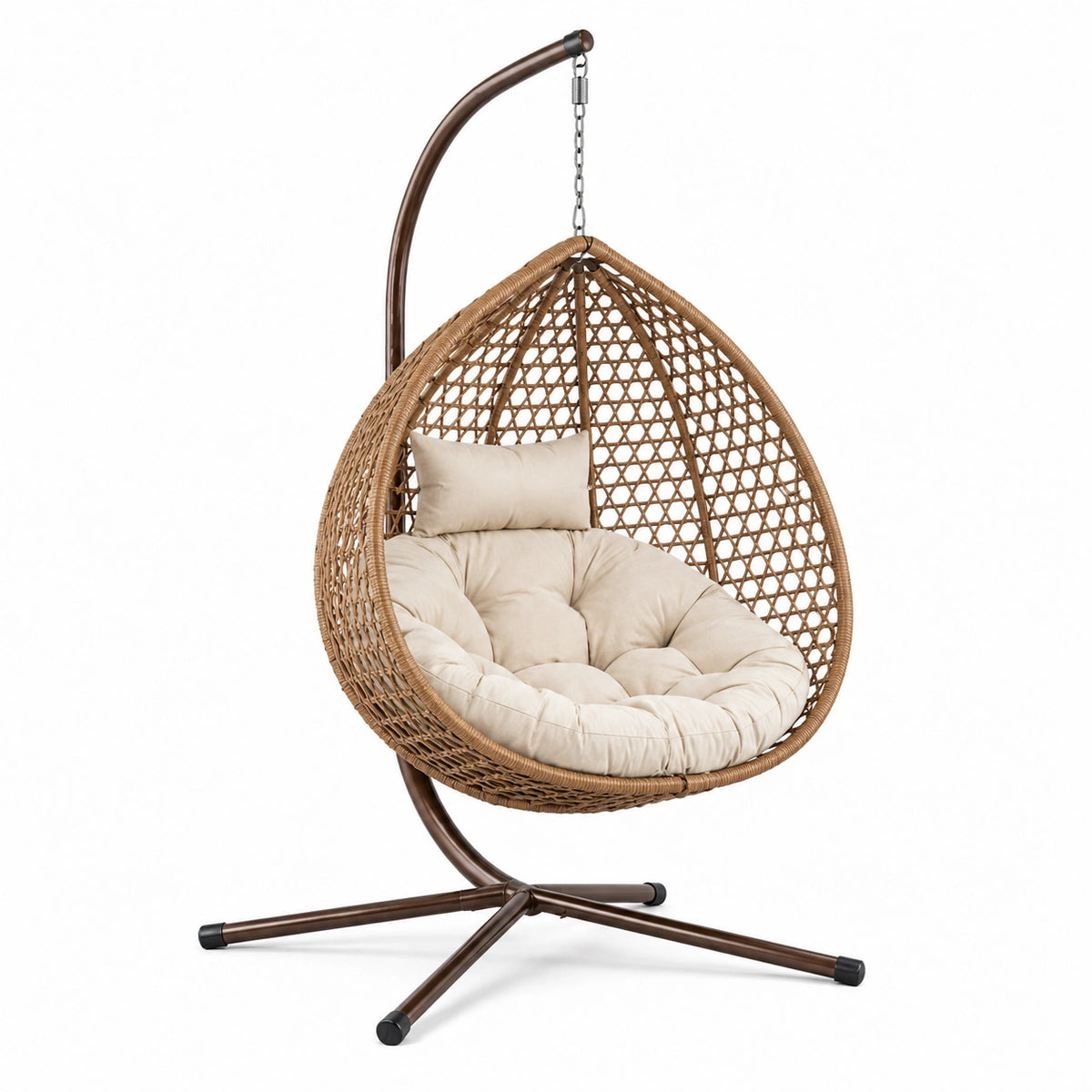 Fauteuil suspendu œuf 105 x 105 x 195 cm en résine tressée marron avec support en acier style bohème