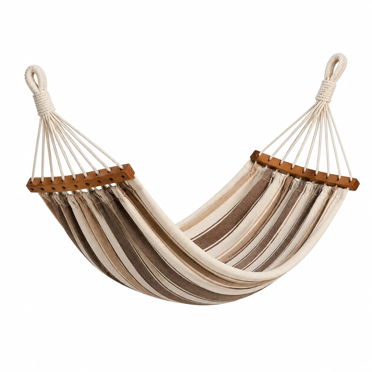 Hamac 200 x 100 cm en tissu rayé beige et marron avec barres en bois - suspendu style bohème