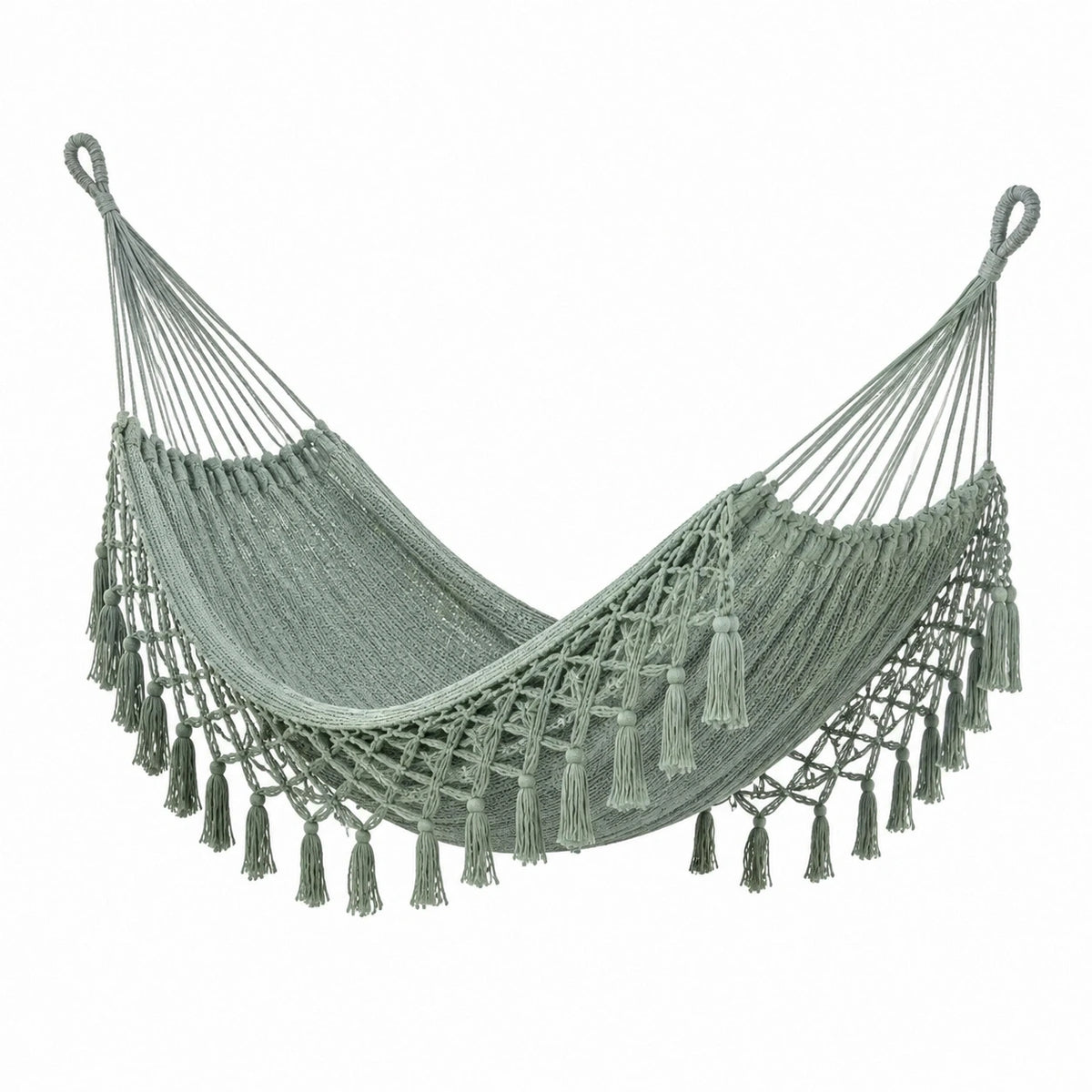 Hamac 200 x 100 cm en corde textile vert sauge - suspendu à franges