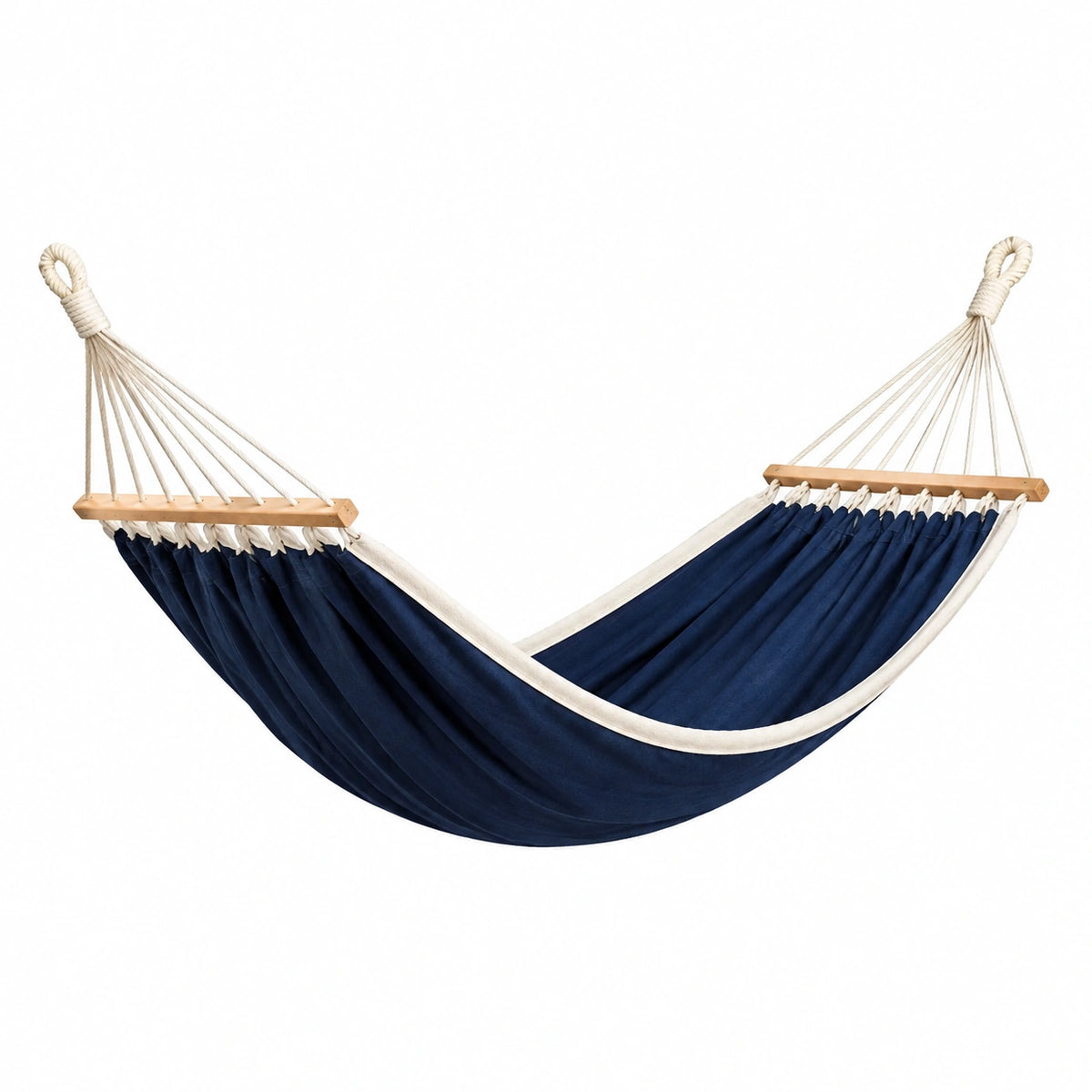 Hamac 200 x 150 cm en toile textile bleu marine avec barres en bois