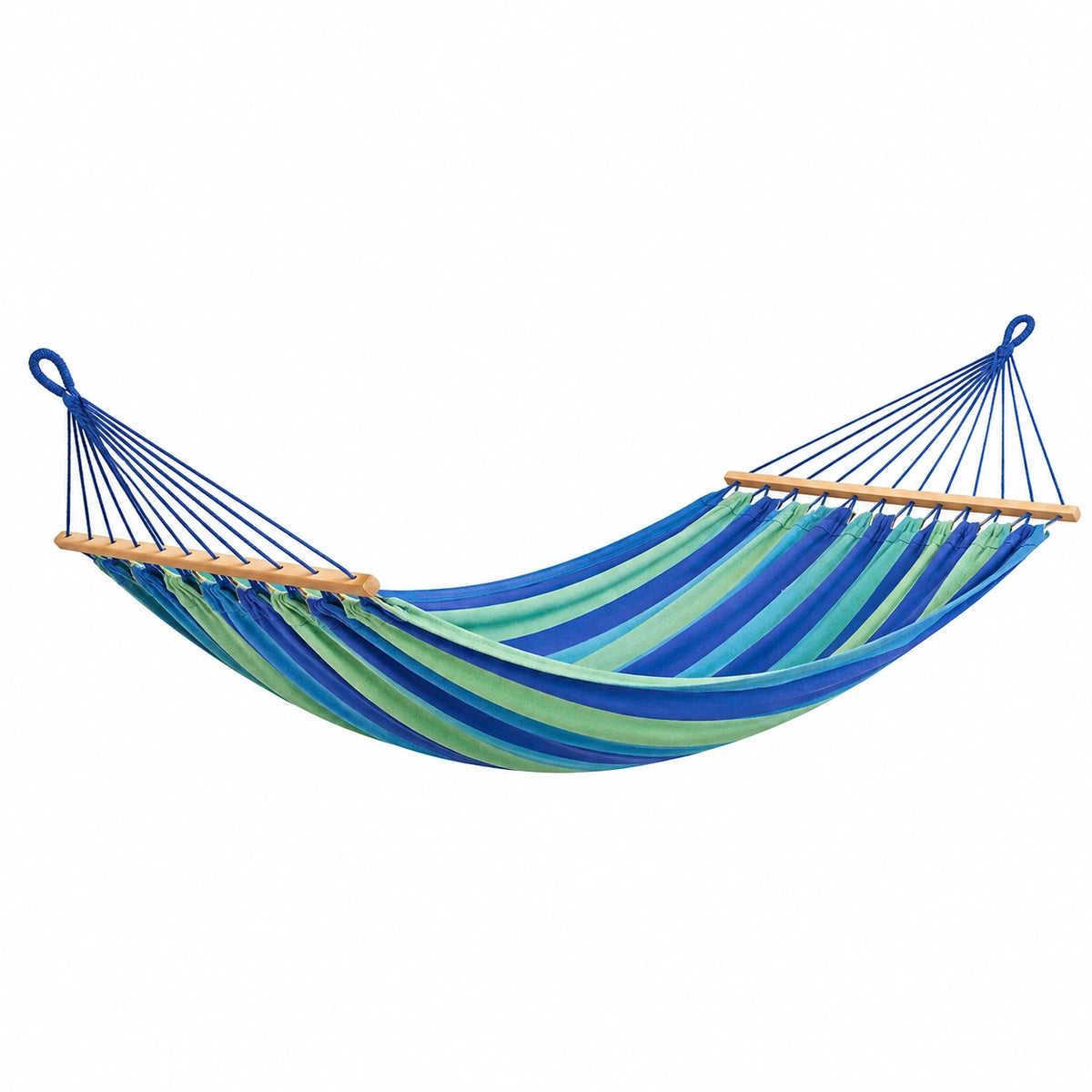 Hamac 300 x 150 cm en tissu bleu vert avec barres en bois pour jardin