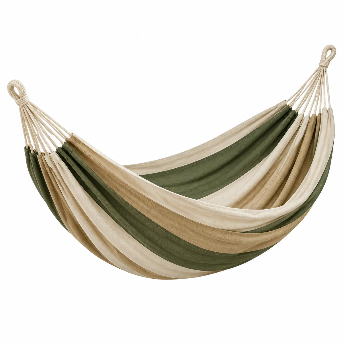 Hamac 300 x 150 cm en coton vert beige et écru à suspension tressée