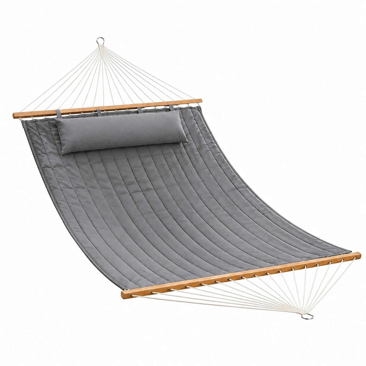 Hamac 200 x 140 cm en textile gris avec barres en bois pour jardin